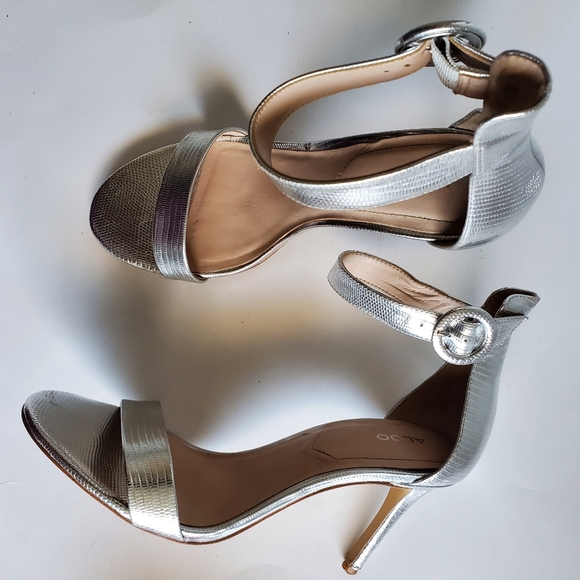 Aldo Women's Crocodile Embossed Finish Heeled Sandals, Silver, 8.5 - Picture 2 of 7